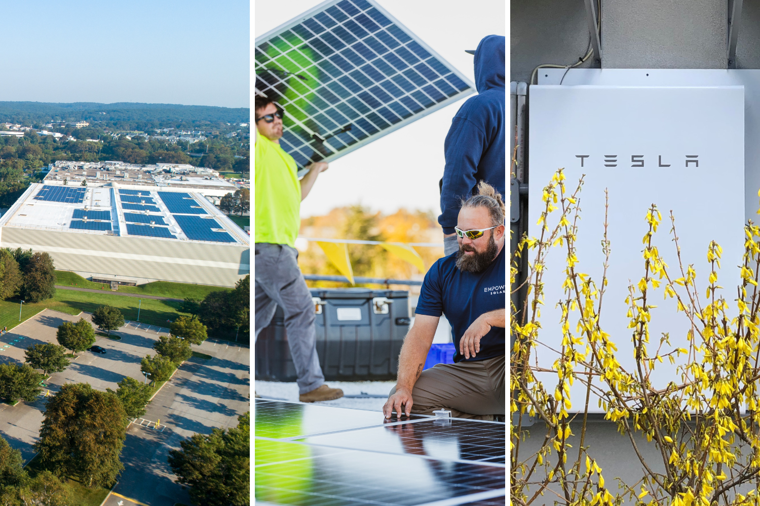 (left to right) rooftop community solar array, solar installers carrying solar panels, a Tesla Powerwall backup battery. Because of the new federal solar policy, the country could increase it's consumption of renewable energy, like solar.